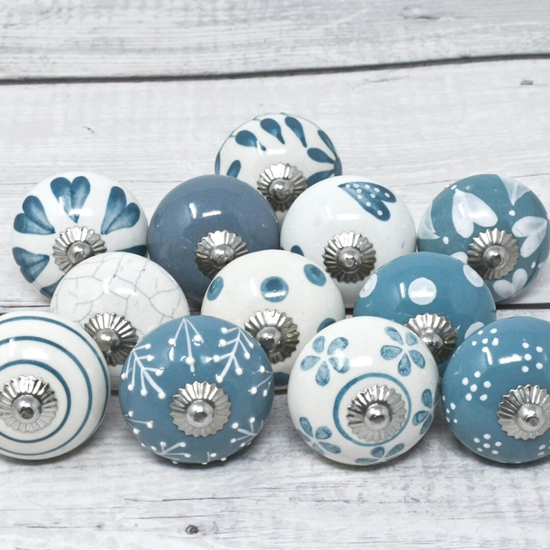 Ceramic Cabinet Drawer Pull /Knobs Hand Painted Pack of 10Grey & White /Use for Cupboard And Wardrobe Door