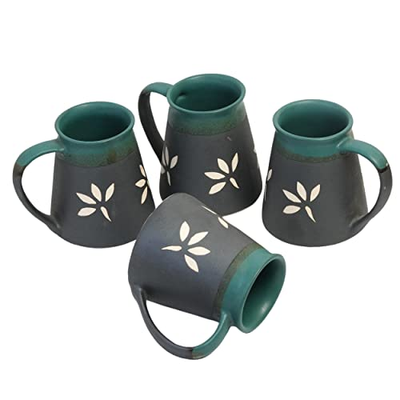 Freakway Set of 4 Leaf Sips Handcrafted Ceramic Coffee Mug Set of 4 (270 ML, Microwave Safe & Dishwasher Safe)-Matte Black & Light Green
